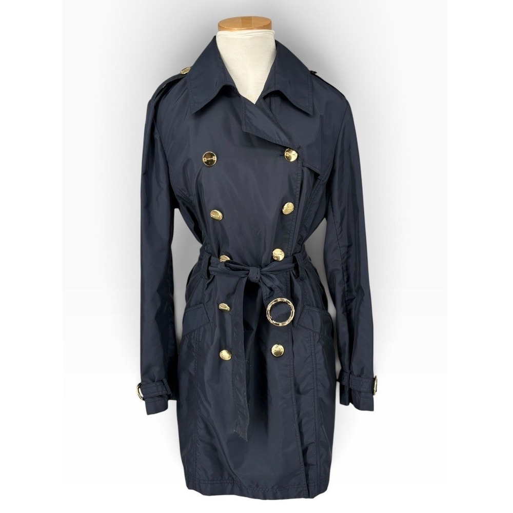 INC International Concepts Trench Coat Women XL Navy Blue Gold Buttons Raincoat